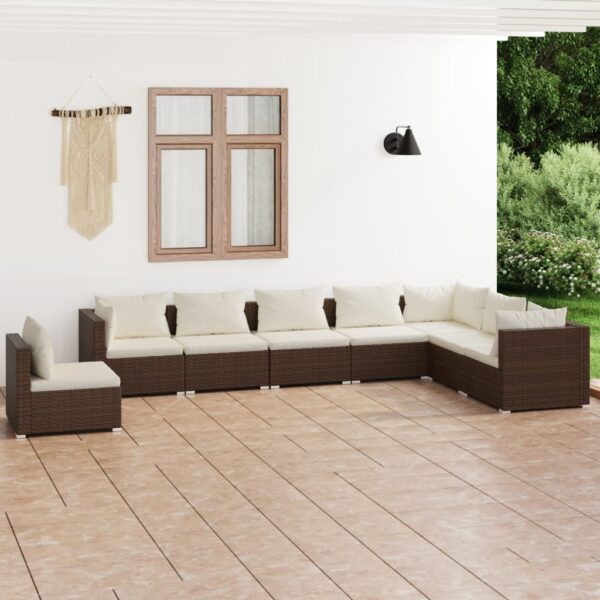 8-delige Loungeset met kussens poly rattan bruin
