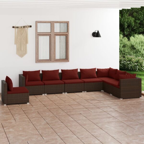 8-delige Loungeset met kussens poly rattan bruin