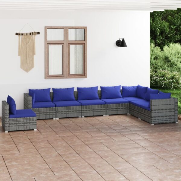 8-delige Loungeset met kussens poly rattan grijs