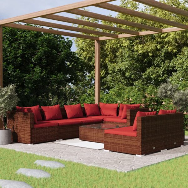 8-delige Loungeset met kussens poly rattan bruin