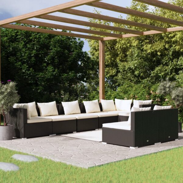 8-delige Loungeset met kussens poly rattan zwart