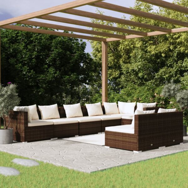 8-delige Loungeset met kussens poly rattan bruin