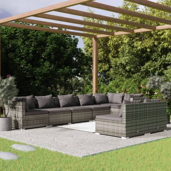 8-delige Loungeset met kussens poly rattan grijs