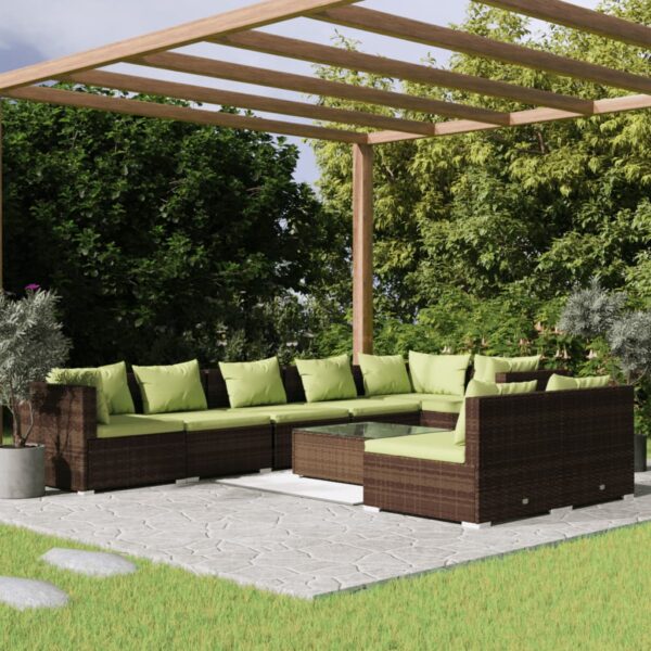 9-delige Loungeset met kussens poly rattan bruin