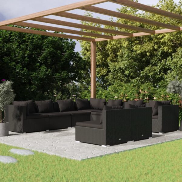 9-delige Loungeset met kussens poly rattan zwart