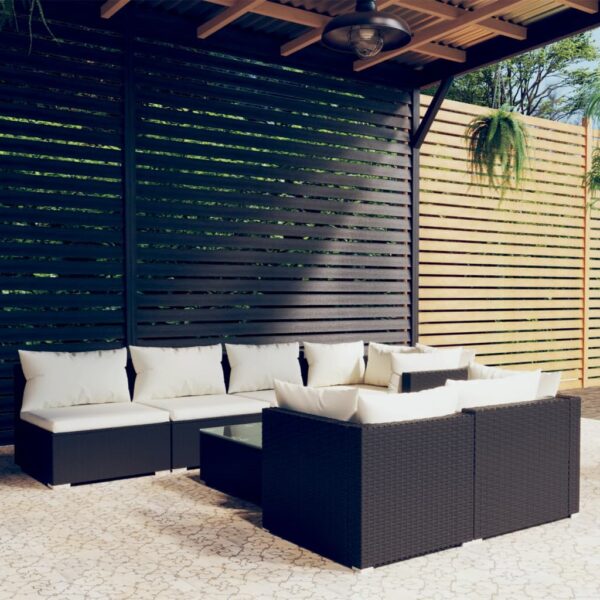 8-delige Loungeset met kussens poly rattan zwart