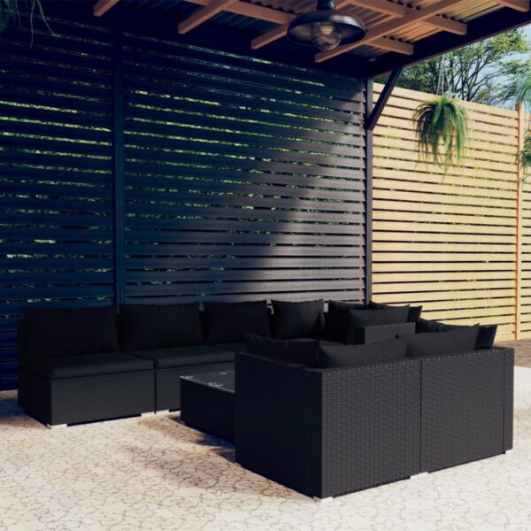 8-delige Loungeset met kussens poly rattan zwart