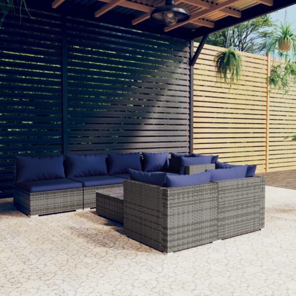 8-delige Loungeset met kussens poly rattan grijs