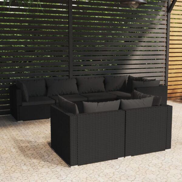 7-delige Loungeset met kussens poly rattan zwart