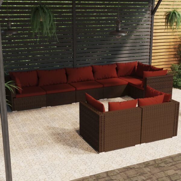 8-delige Loungeset met kussens poly rattan bruin