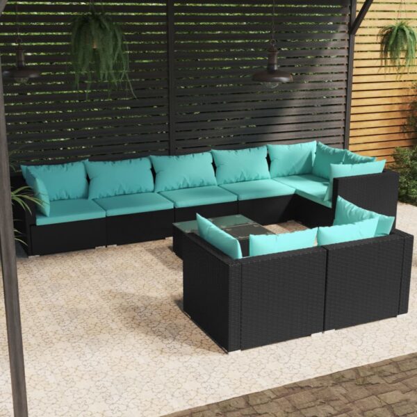 9-delige Loungeset met kussens poly rattan zwart