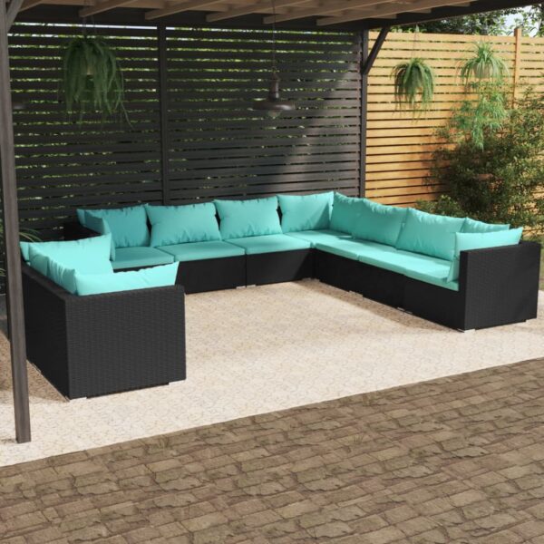 9-delige Loungeset met kussens poly rattan zwart