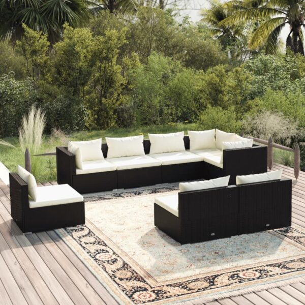 8-delige Loungeset met kussens poly rattan zwart