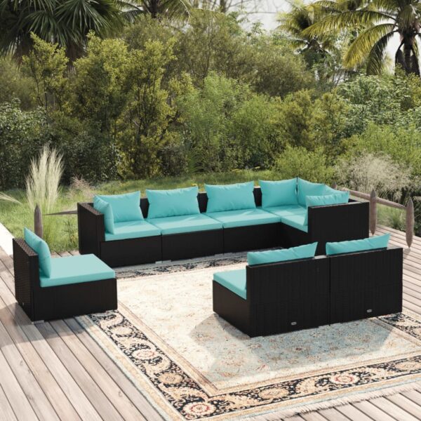 8-delige Loungeset met kussens poly rattan zwart
