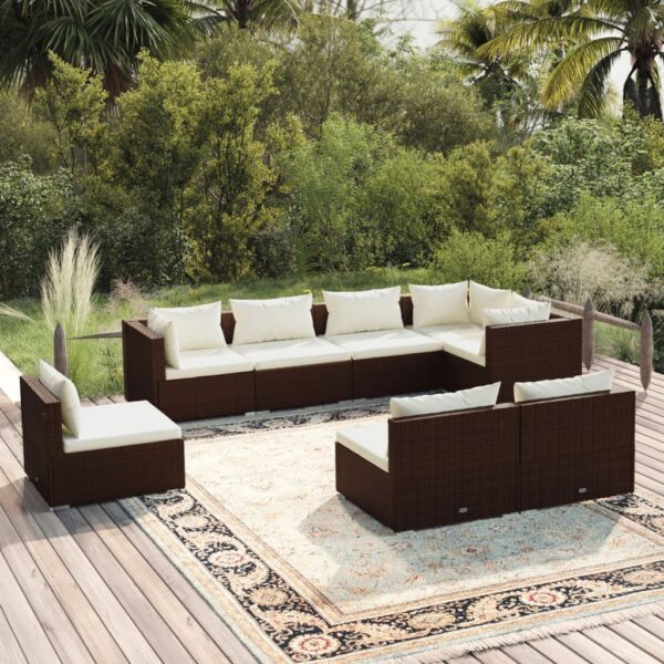 8-delige Loungeset met kussens poly rattan bruin