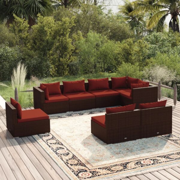 8-delige Loungeset met kussens poly rattan bruin
