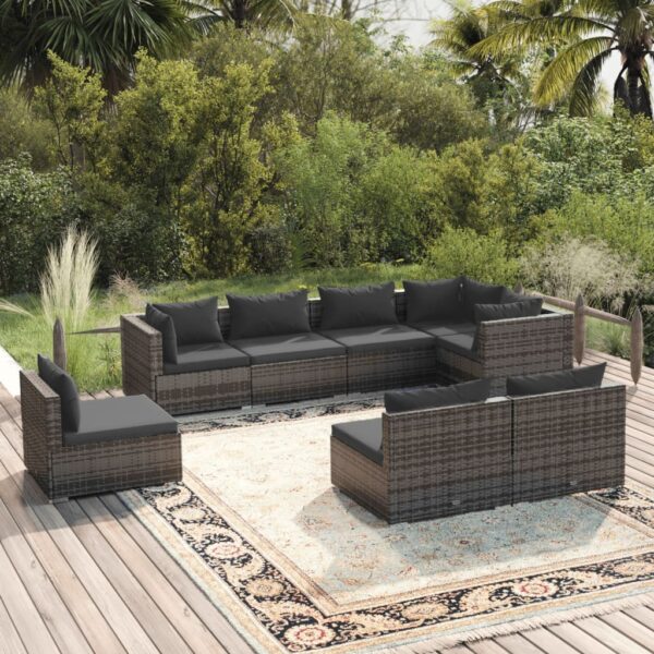 8-delige Loungeset met kussens poly rattan grijs