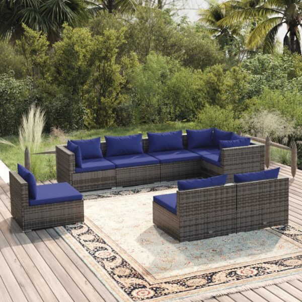 8-delige Loungeset met kussens poly rattan grijs