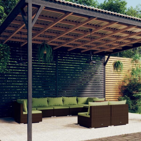 9-delige Loungeset met kussens poly rattan bruin