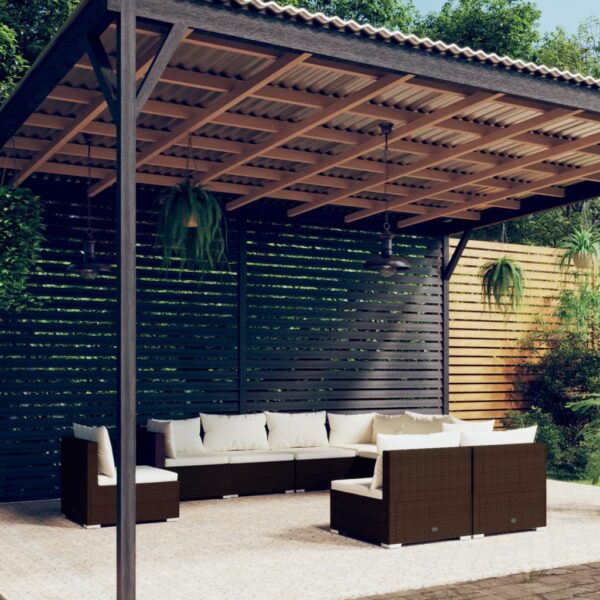 9-delige Loungeset met kussens poly rattan bruin