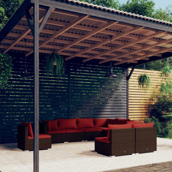 9-delige Loungeset met kussens poly rattan bruin