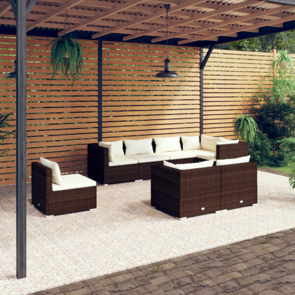 8-delige Loungeset met kussens poly rattan bruin