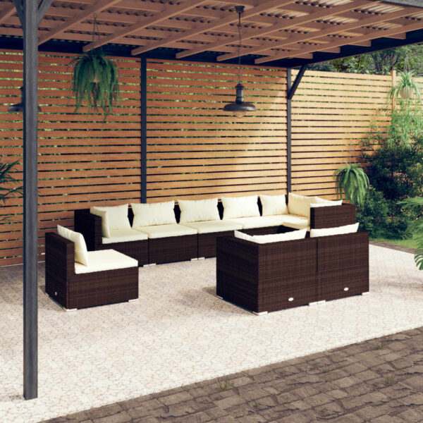 9-delige Loungeset met kussens poly rattan bruin
