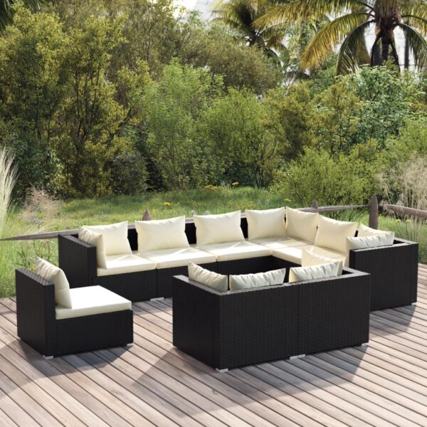 9-delige Loungeset met kussens poly rattan zwart