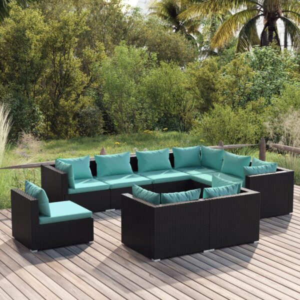 9-delige Loungeset met kussens poly rattan zwart