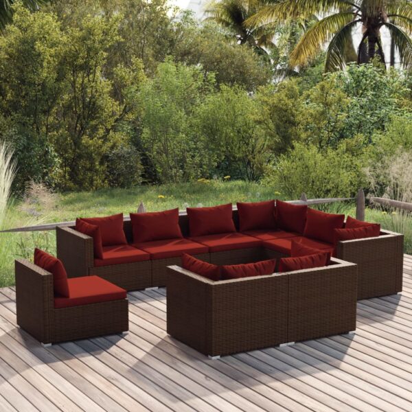 9-delige Loungeset met kussens poly rattan bruin