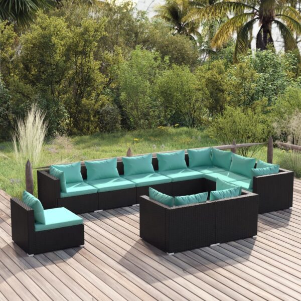 10-delige Loungeset met kussens poly rattan zwart