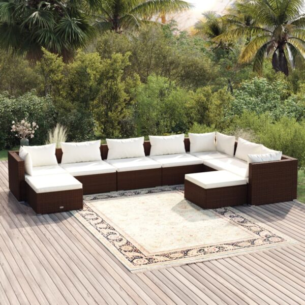 9-delige Loungeset met kussens poly rattan bruin