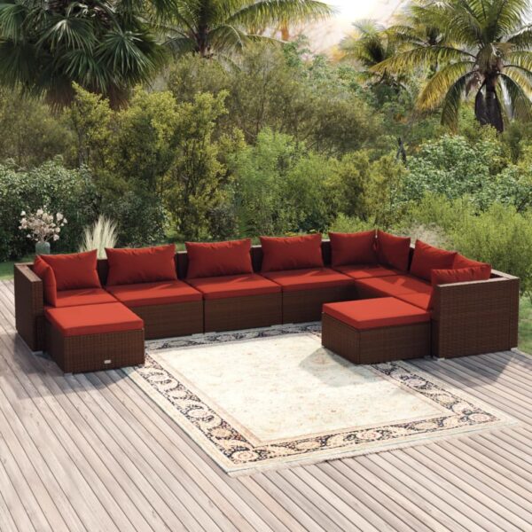 9-delige Loungeset met kussens poly rattan bruin