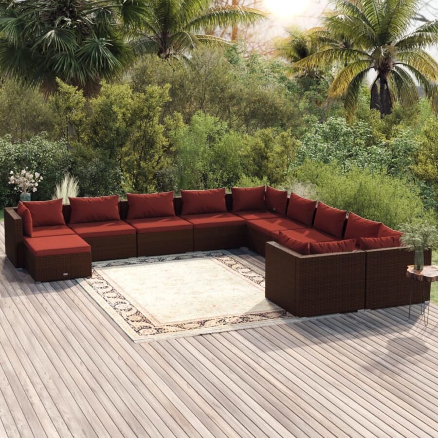 11-delige Loungeset met kussens poly rattan bruin