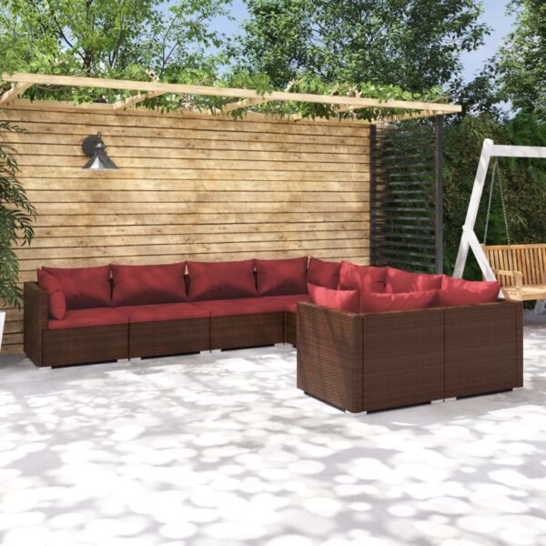 8-delige Loungeset met kussens poly rattan bruin