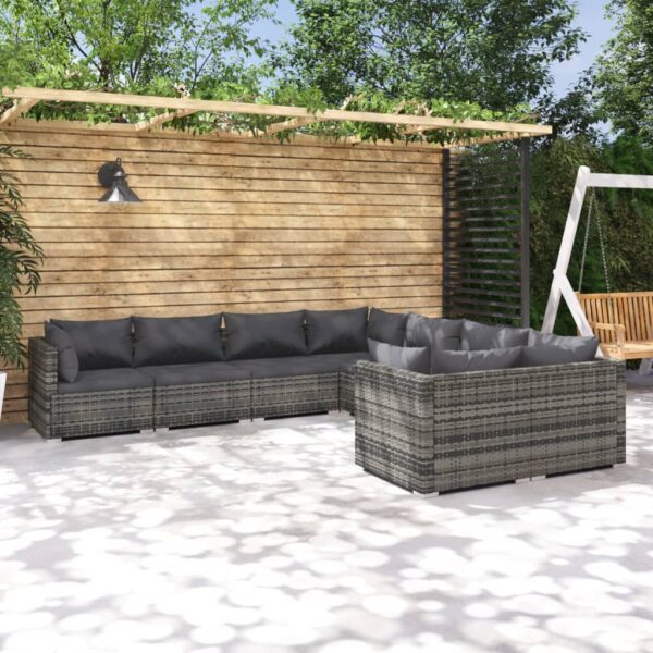 8-delige Loungeset met kussens poly rattan grijs