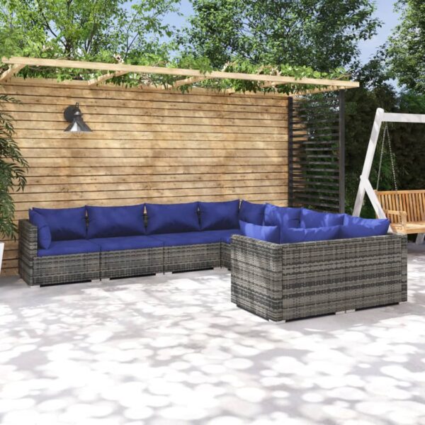 8-delige Loungeset met kussens poly rattan grijs
