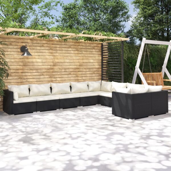 9-delige Loungeset met kussens poly rattan zwart