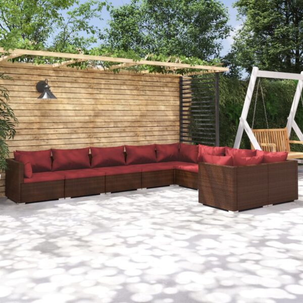 9-delige Loungeset met kussens poly rattan bruin