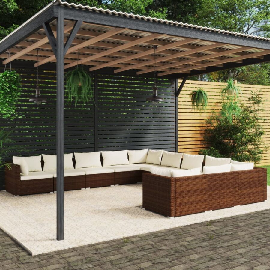 11-delige Loungeset met kussens poly rattan bruin