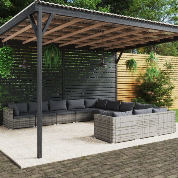 11-delige Loungeset met kussens poly rattan grijs