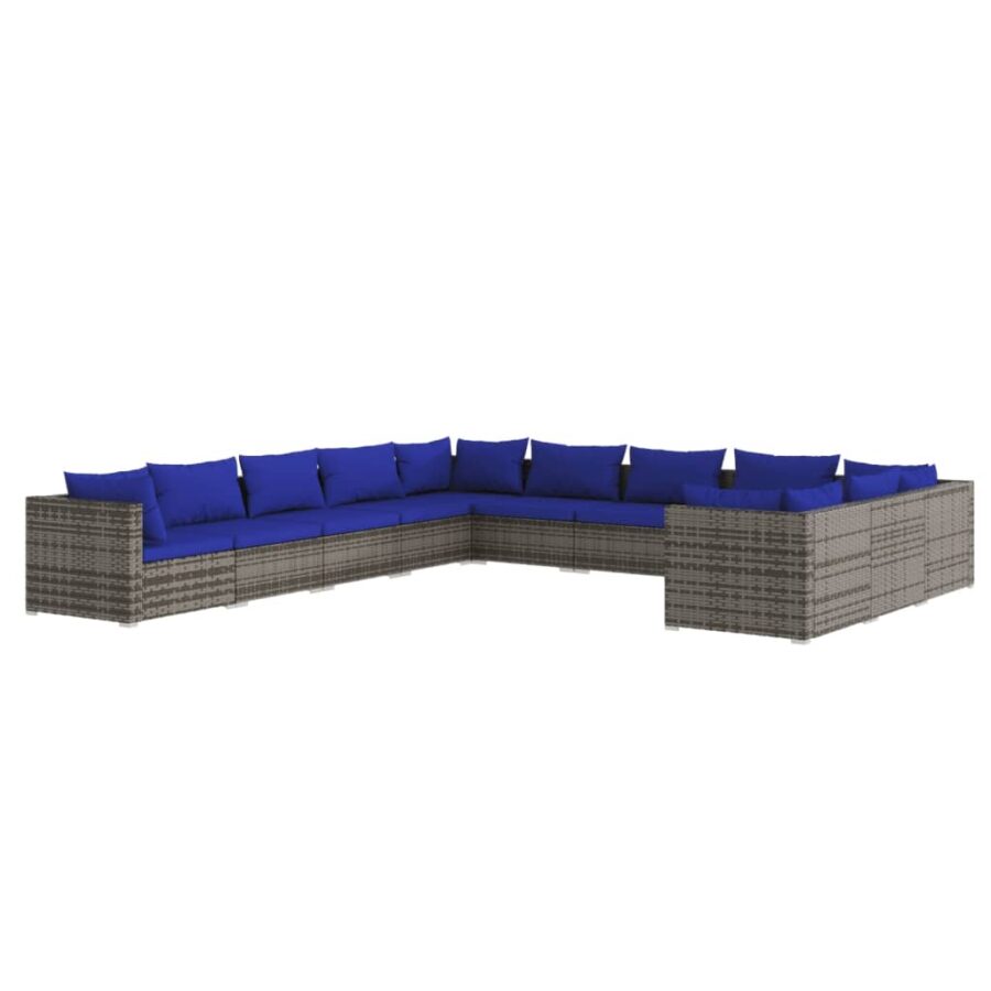 11-delige Loungeset met kussens poly rattan grijs - Afbeelding 2
