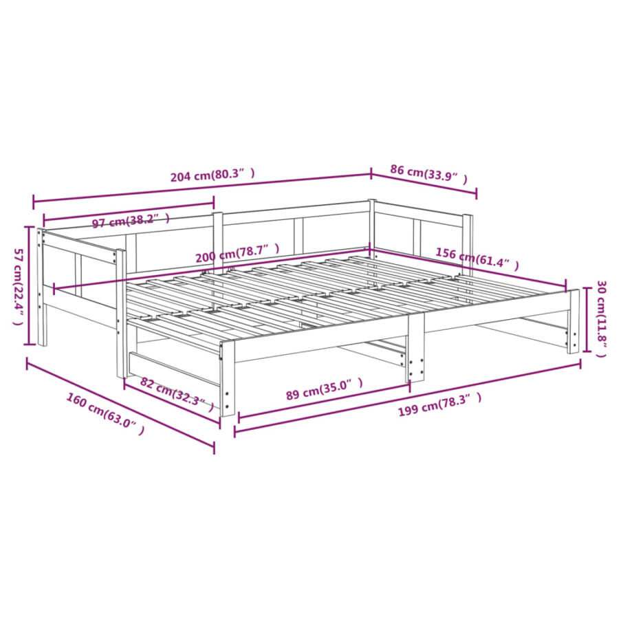 Slaapbank uitschuifbaar massief grenenhout 2x(80x200) cm - Afbeelding 12