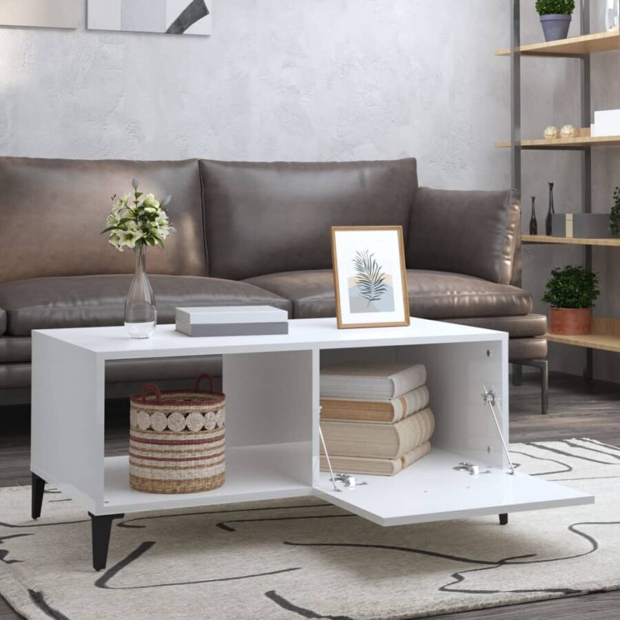 Salontafel 90x50x40 cm bewerkt hout hoogglans wit - Afbeelding 3