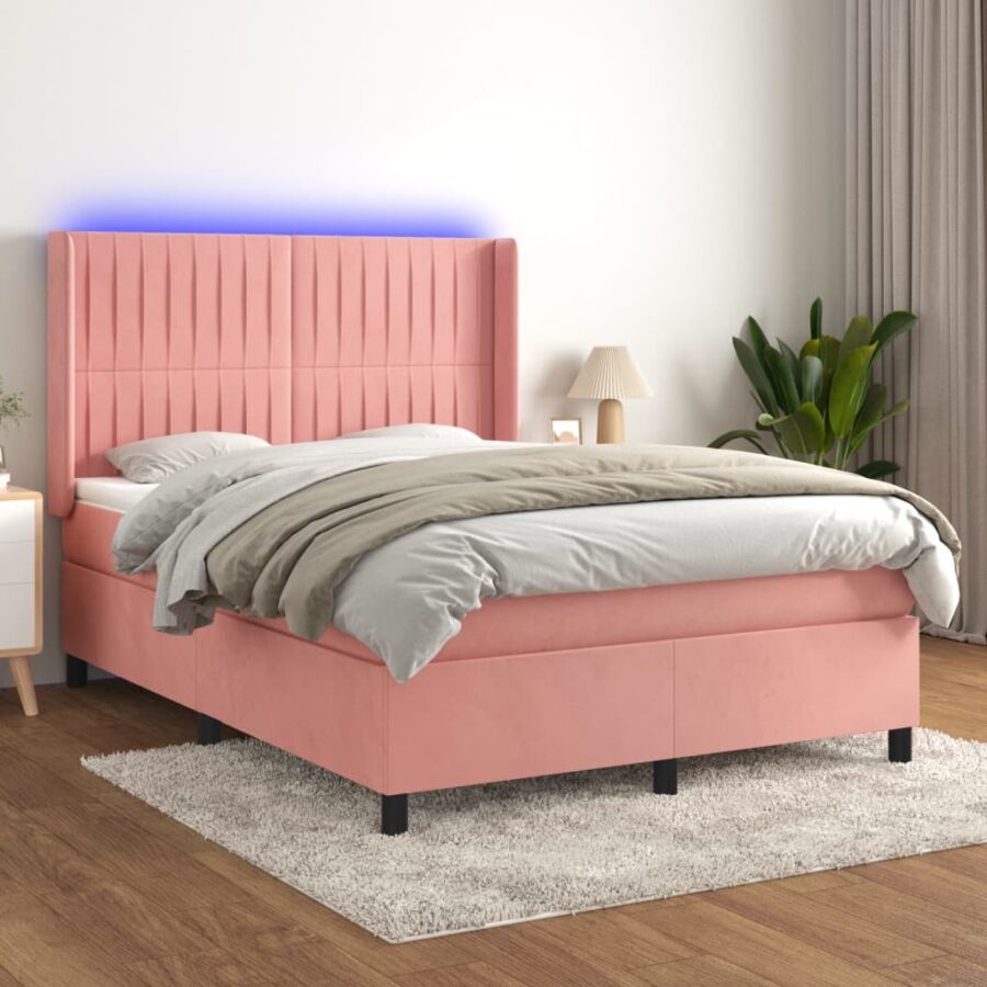 Boxspring met matras en LED fluweel roze 140x200 cm