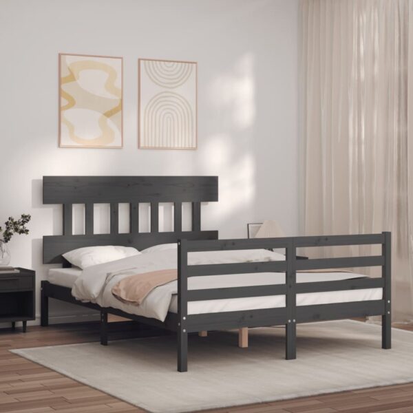 Bedframe met hoofdbord massief hout grijs