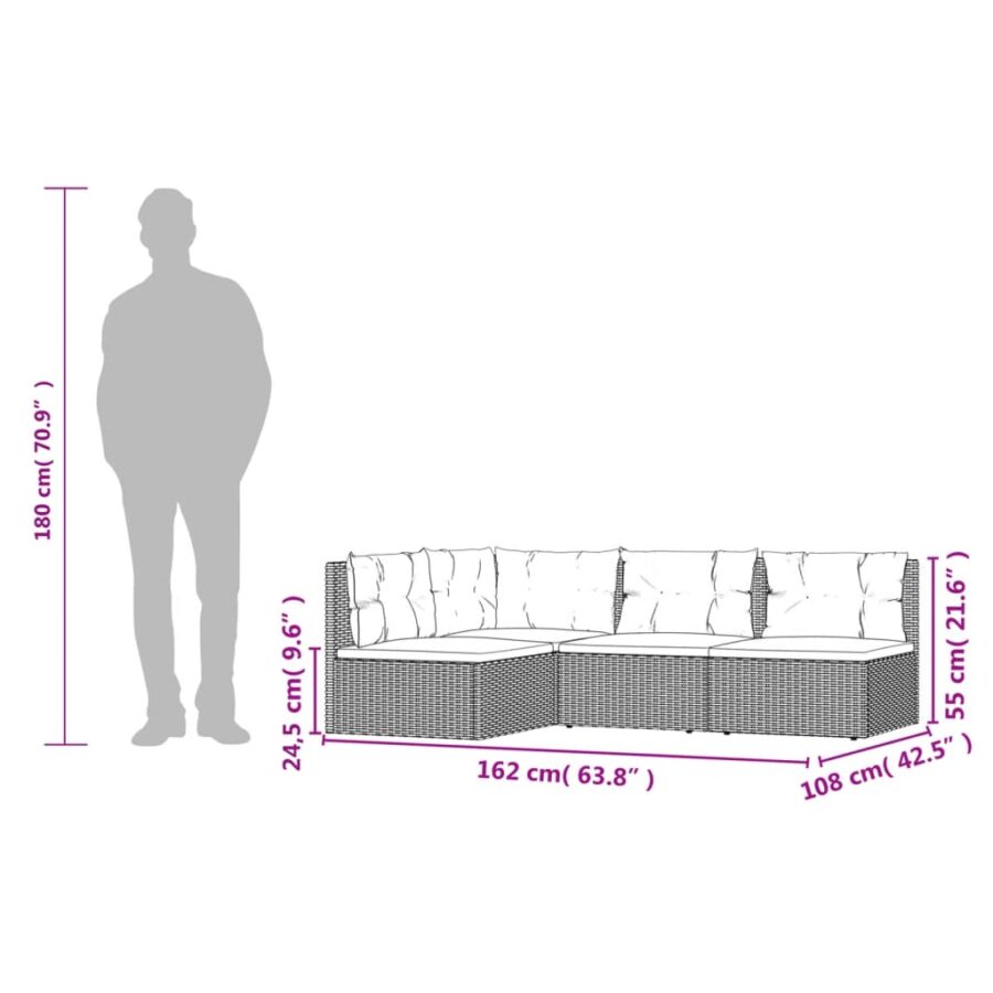 4-delige Loungeset met kussens poly rattan grijs - Afbeelding 8