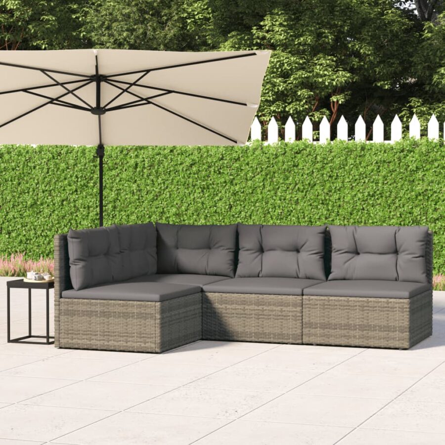 4-delige Loungeset met kussens poly rattan grijs