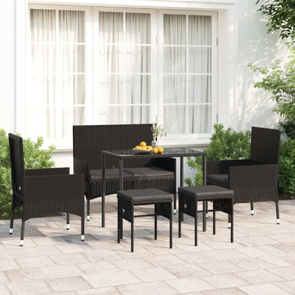 6-delige Loungeset met kussens poly rattan zwart