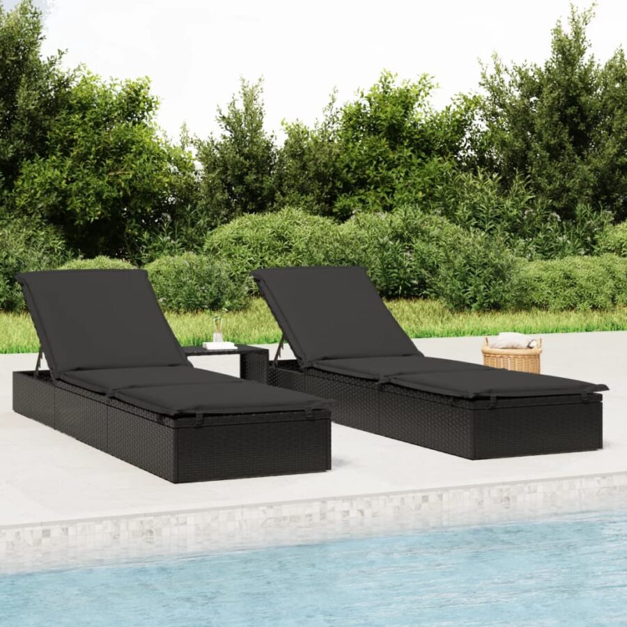 Ligbed met tafel 1 st poly rattan zwart